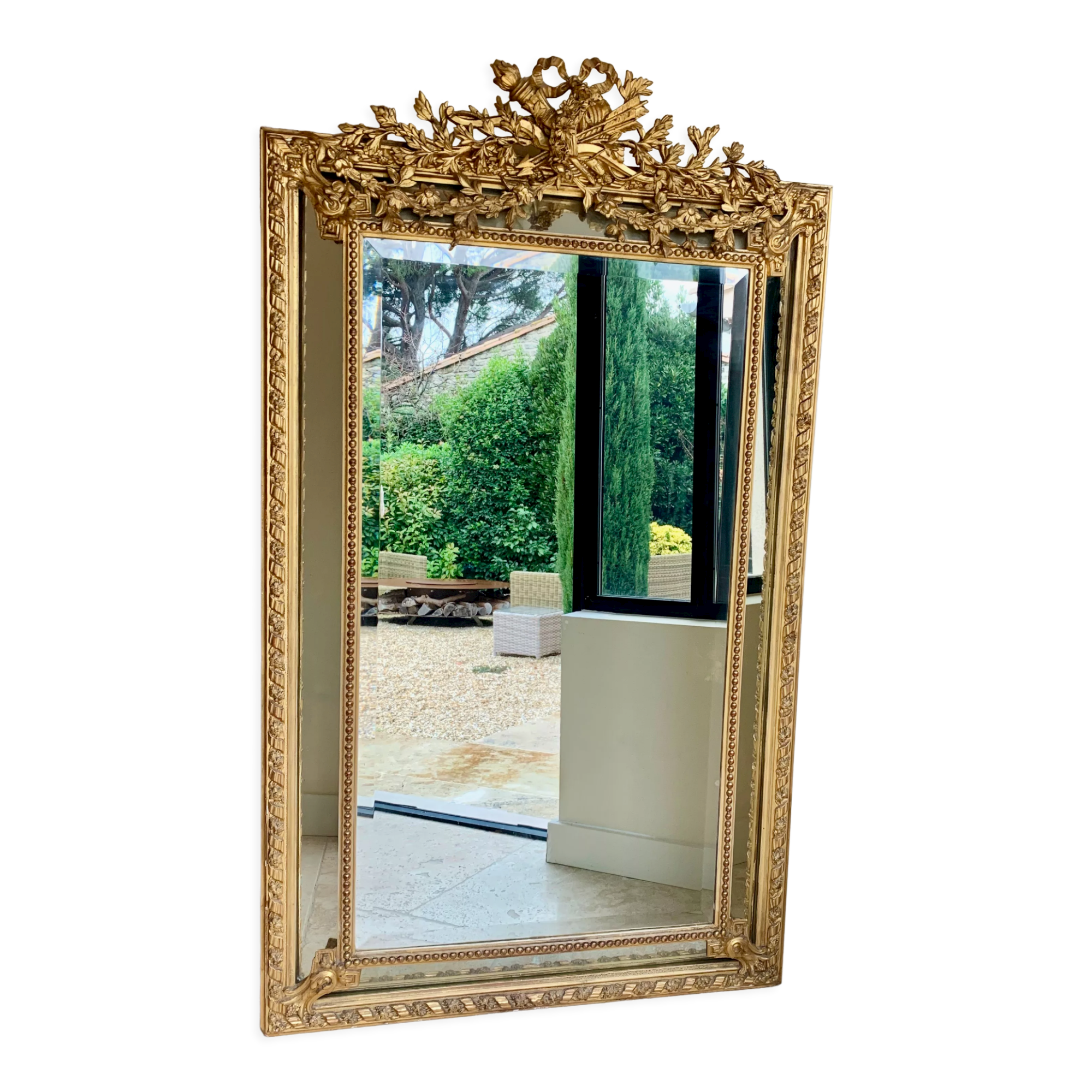 Large mirror style Louis XVI in gilded wood with parecloses xixth h: 165 cm