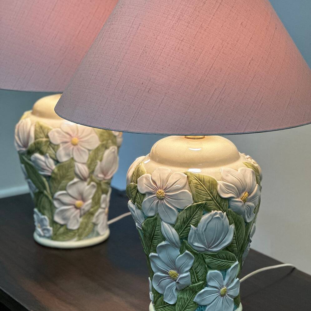Pair of large vintage ceramic table lamps with 3D floral design, 1970s