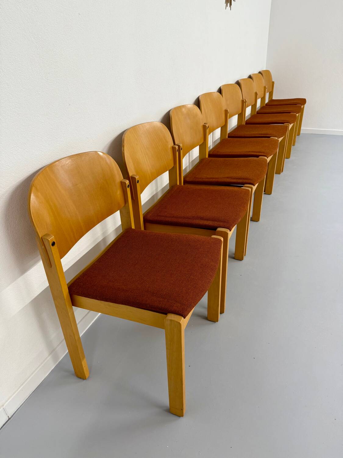 Lot of 8 old Scandinavian design wooden chairs from the 80s vintage