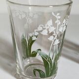 Seven glasses with digestive screen-printed with thrush, 30s