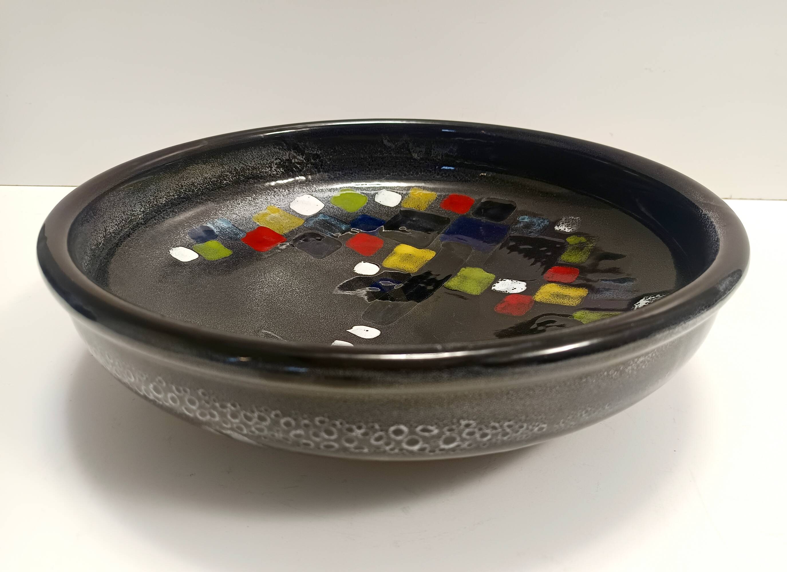 Lacquered Black with Colored Details Ceramic Vide-Poche by Ars Deruta, Ital