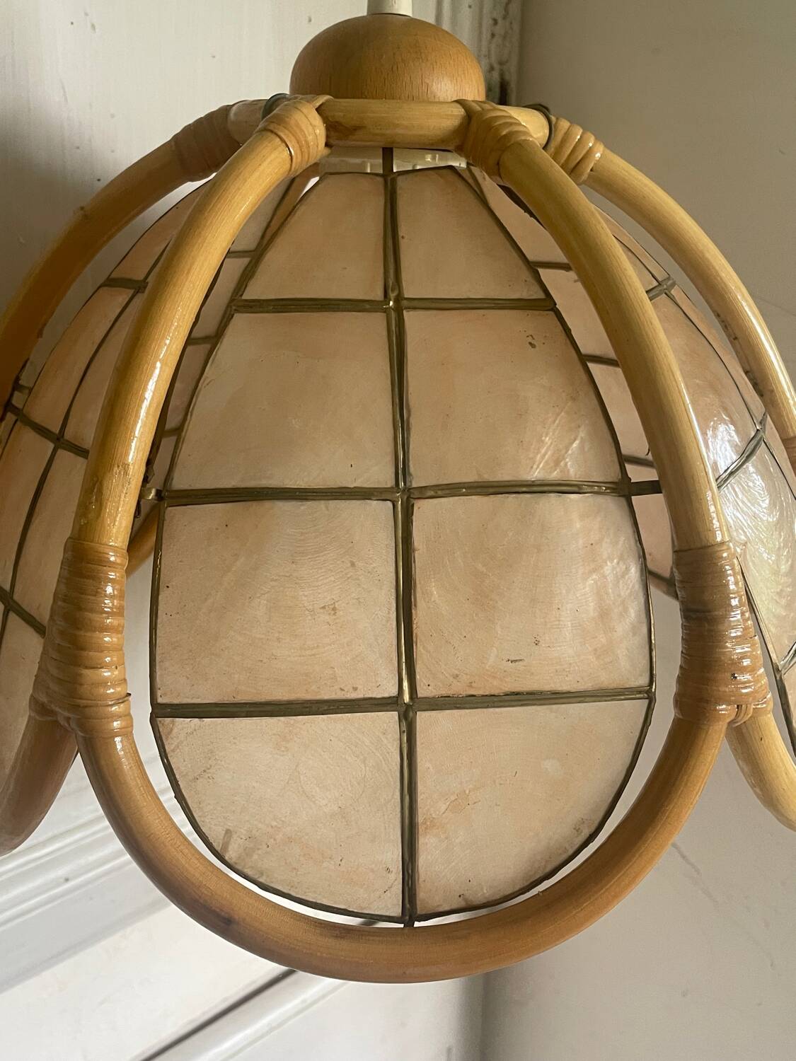 Vintage mother-of-pearl and rattan pendant light