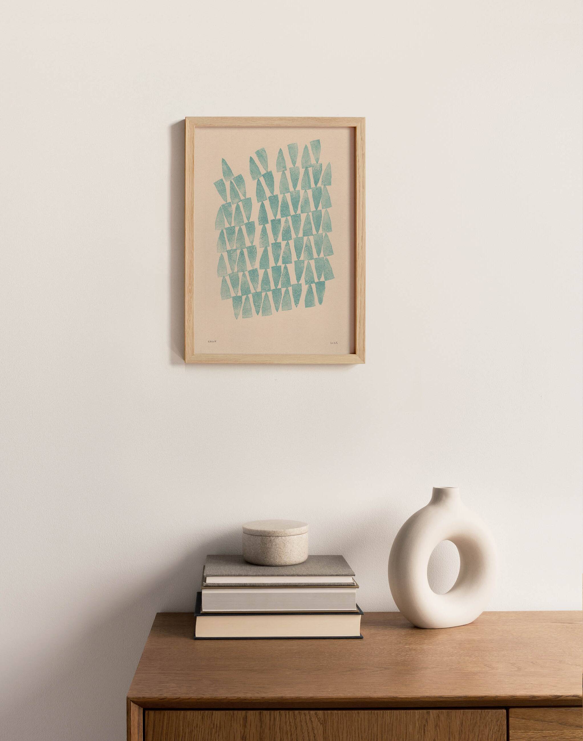 Abstract painting on petroleum blue paper signed Eawy