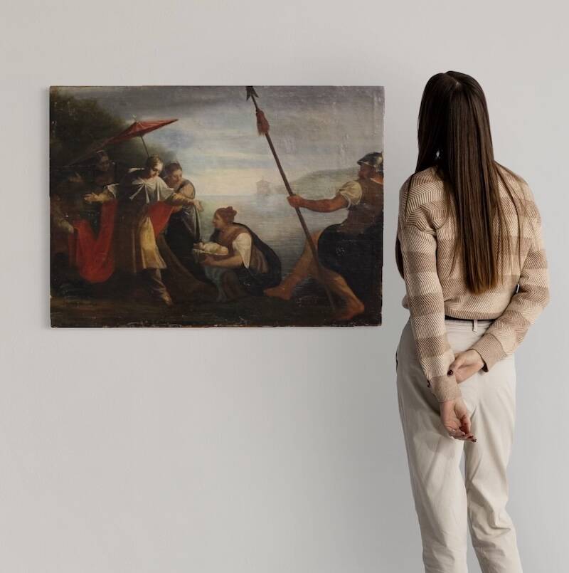 Antique Italian painting Moses saved from the waters from the 18th century