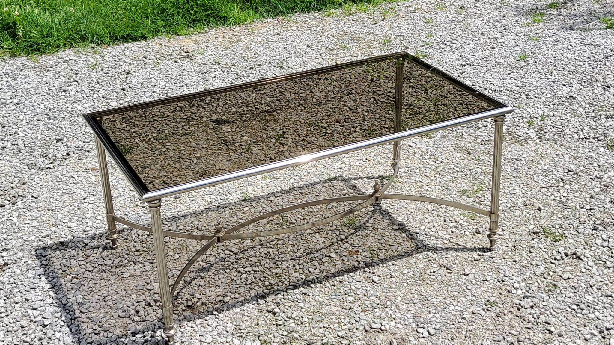 Chrome metal coffee table with smoked glass top in neoclassical style, 1970s.