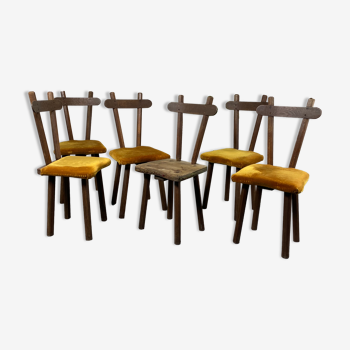 Lot de 6 chaises brutalistes en bois massif