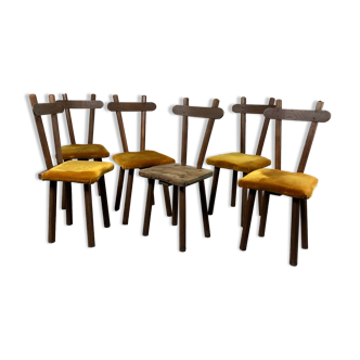 Lot de 6 chaises brutalistes en bois massif