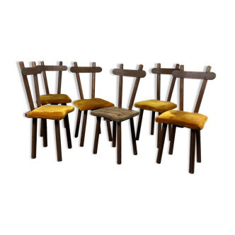 Set of 6 brutalist chairs in solid wood