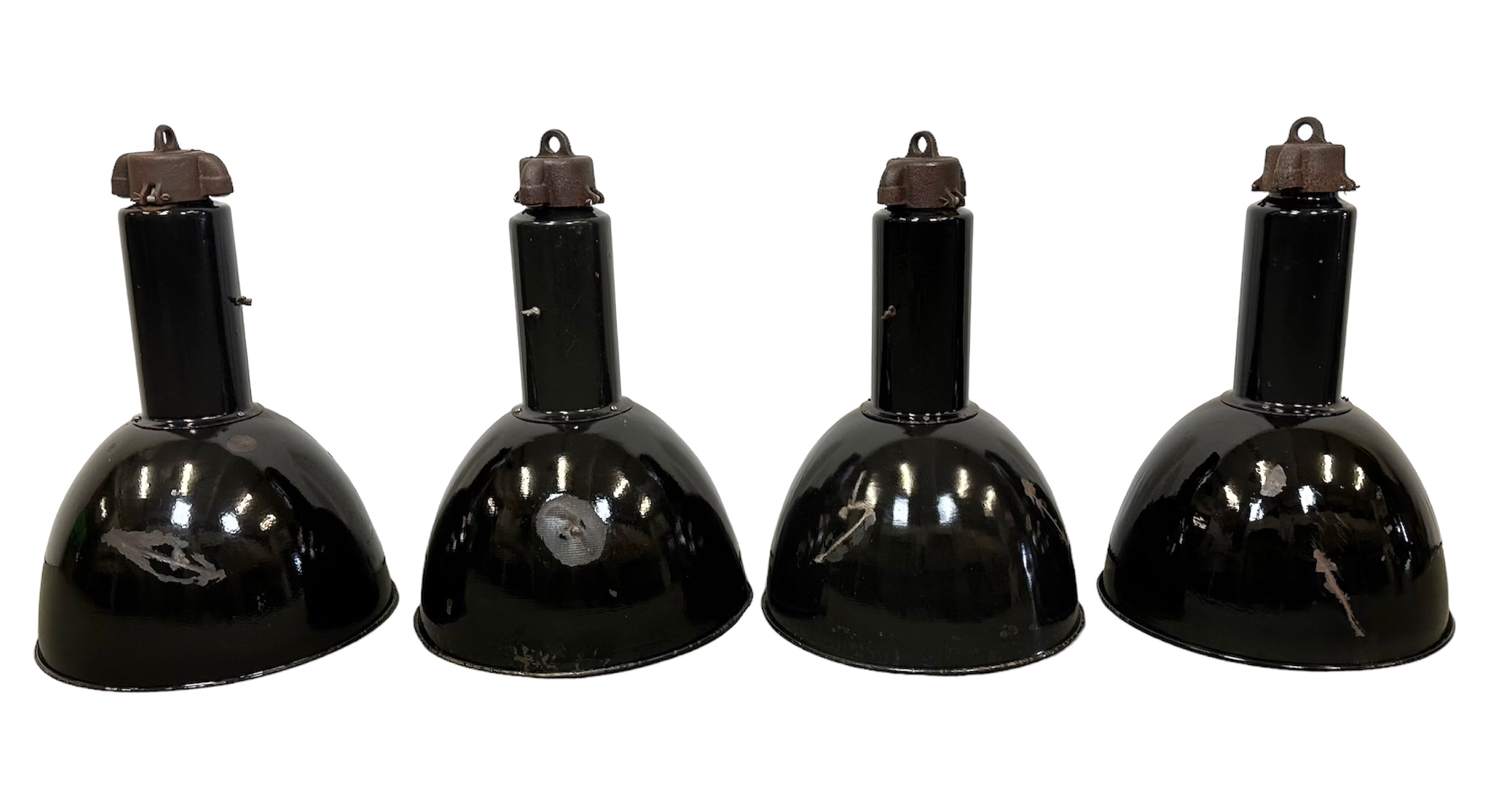 Set of 4 Industrial Bauhaus Black Enamel Pendant Lamps, 1960s