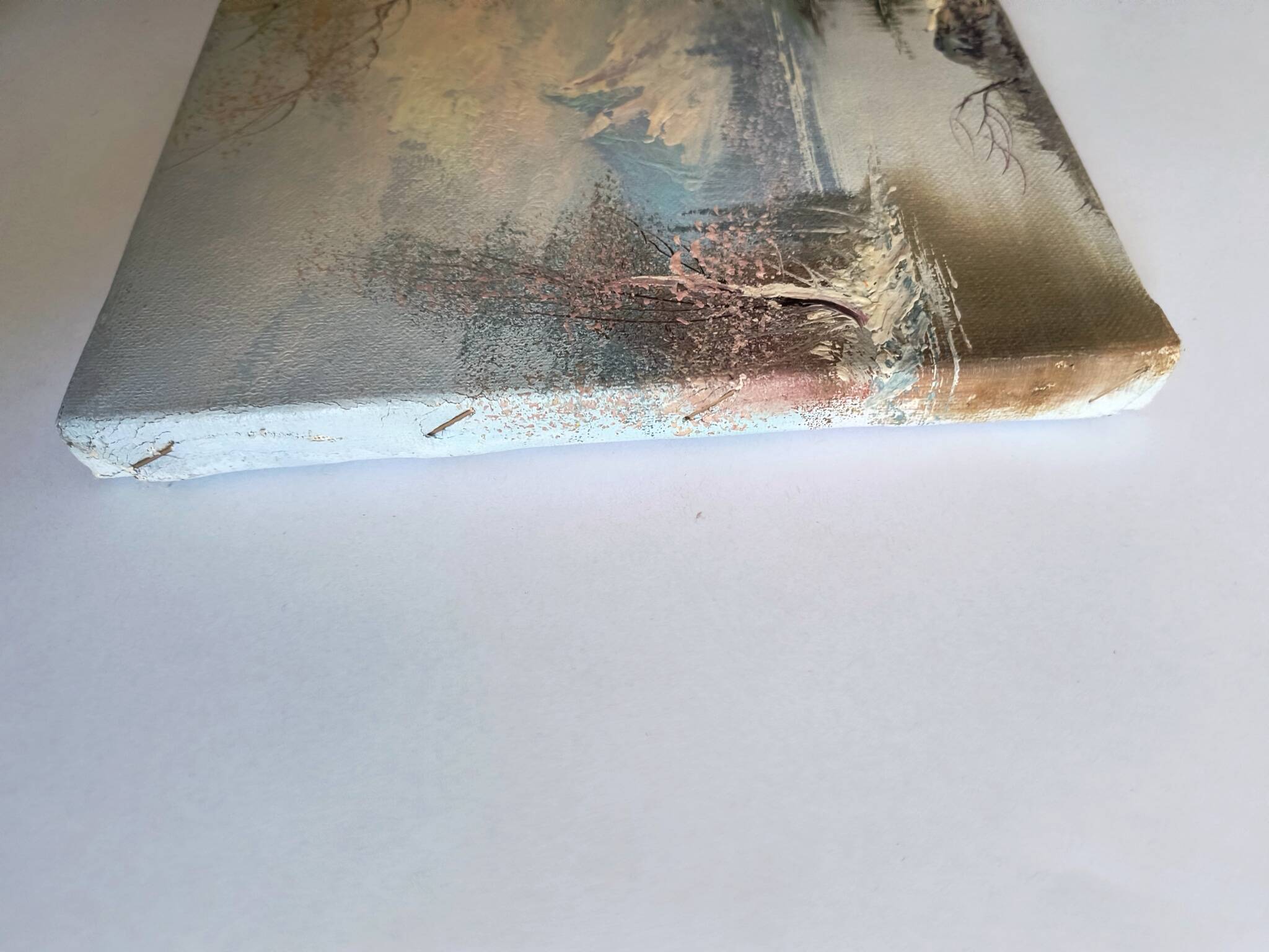 Vintage oil painting – Forest by the lake under a pastel sky