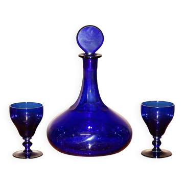 Sherry Carafe and Antique Bristol Blue Glasses