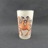 Glass illustrated by Cabu on the theme of the circus, camel ride, pink