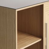 Custom-made oak bar buffet with a smoked glass top