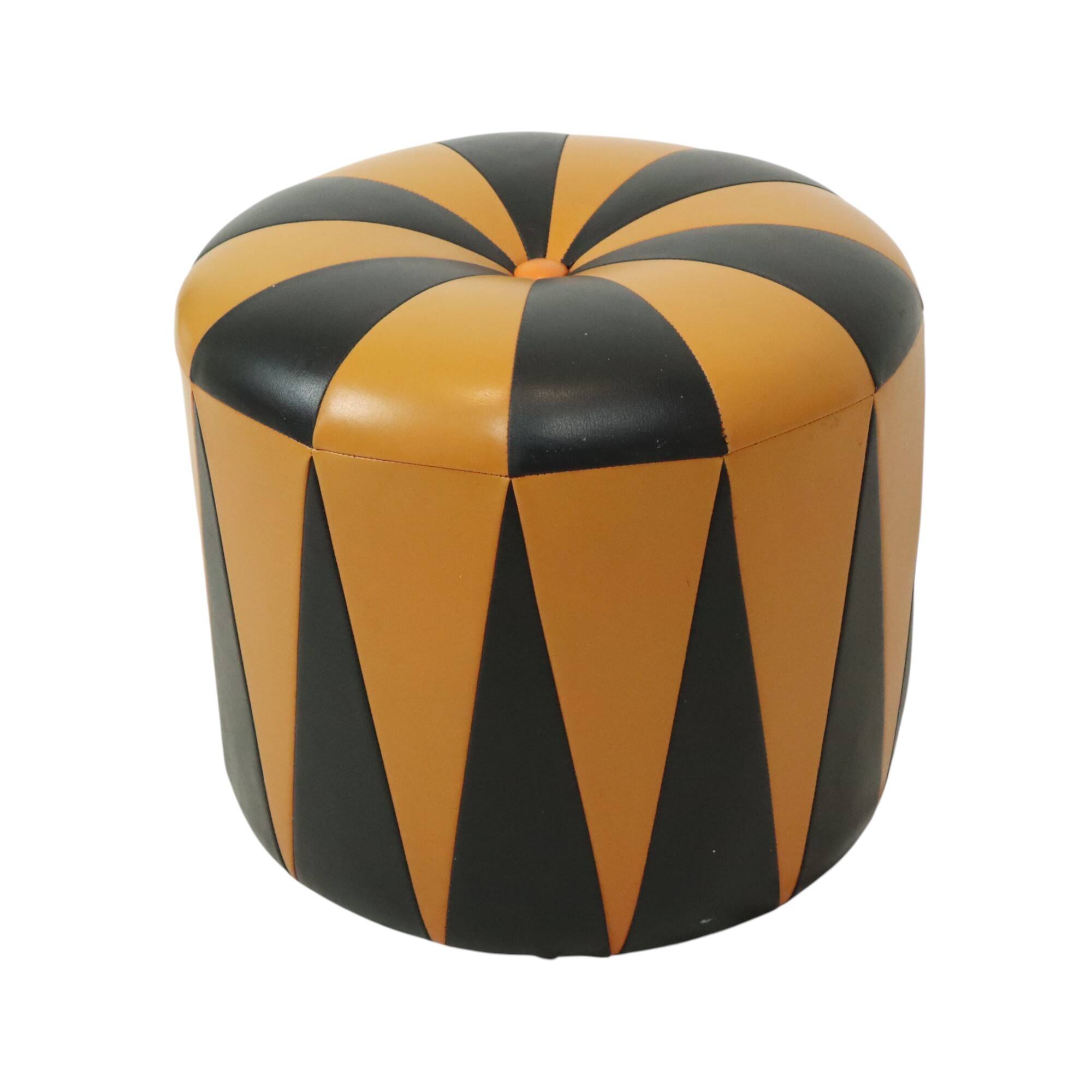 Round Vintage Pouf Orange Black Leatherette 1960s