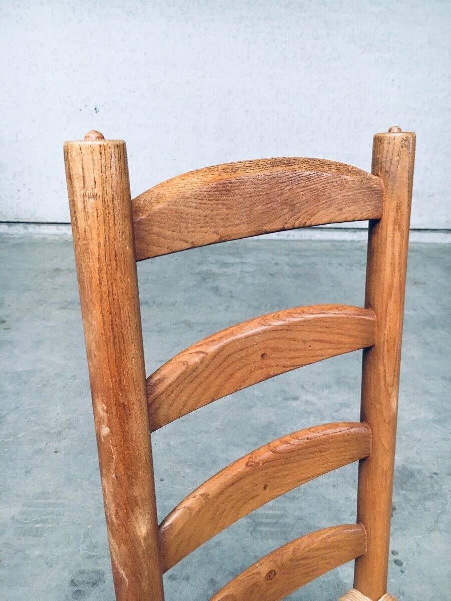 Rustic Oak and Rush High Ladder Back Dining Chairs, Belgium, 1950s, Set of 6