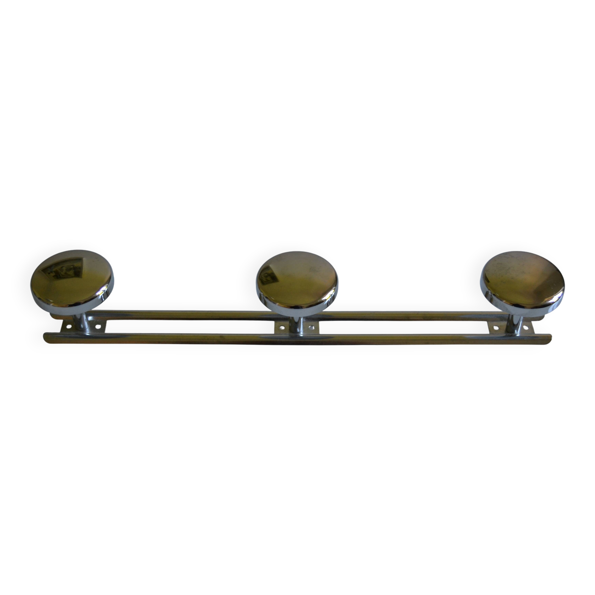 Wall coat rack with 3 chrome metal hooks, vintage 80s.