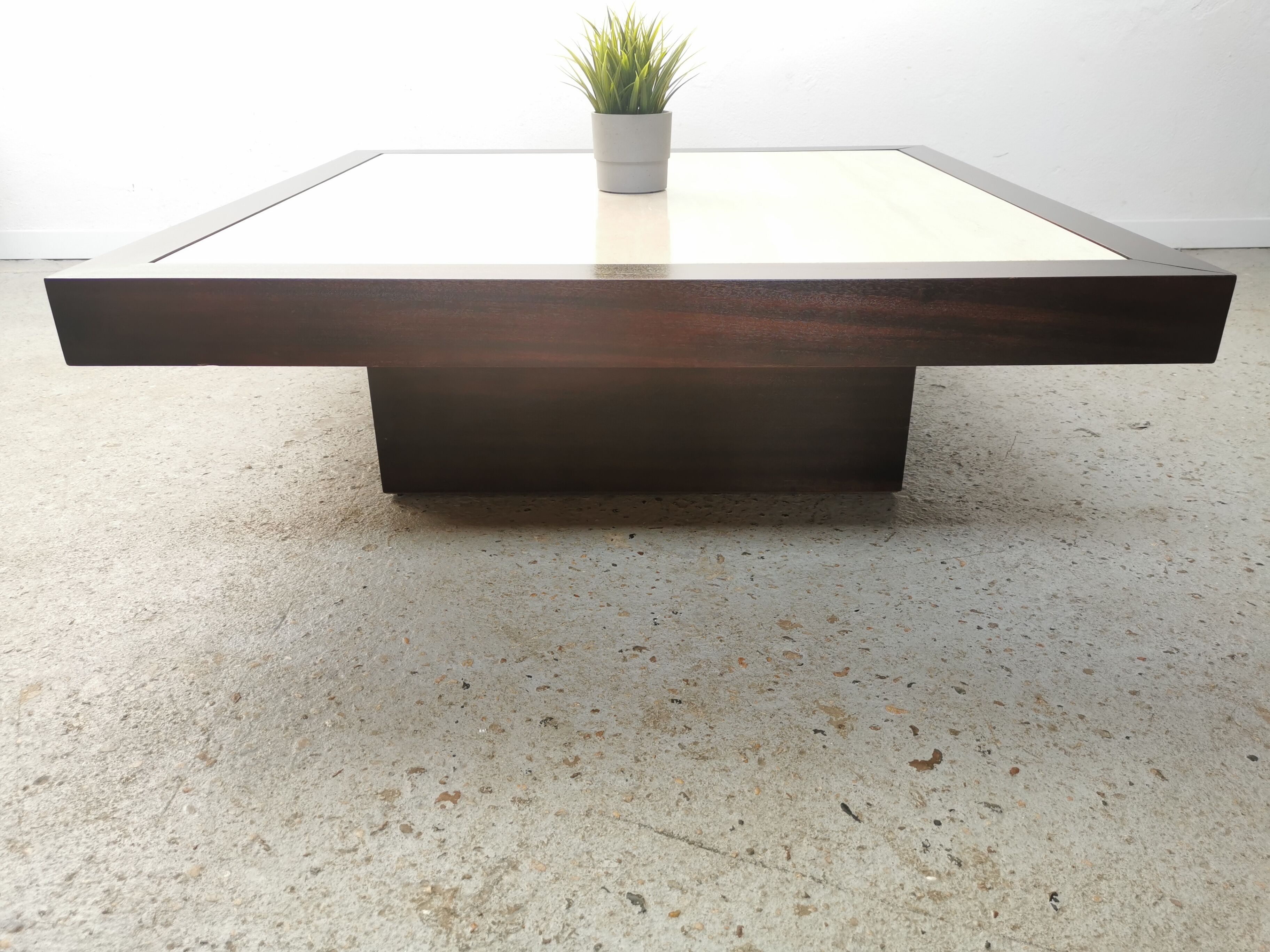 Table basse vintage travertin et bois design 1970