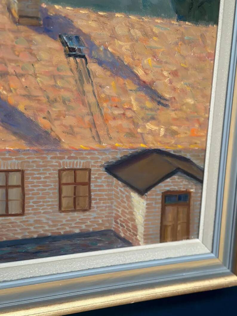 Large Original Swedish Oil on Panel – "Urban Landscape" by Wilhelm Matton – Signed – Dated 1947 – Framed – 83 × 73 cm (32.7 in × 28.7 in)