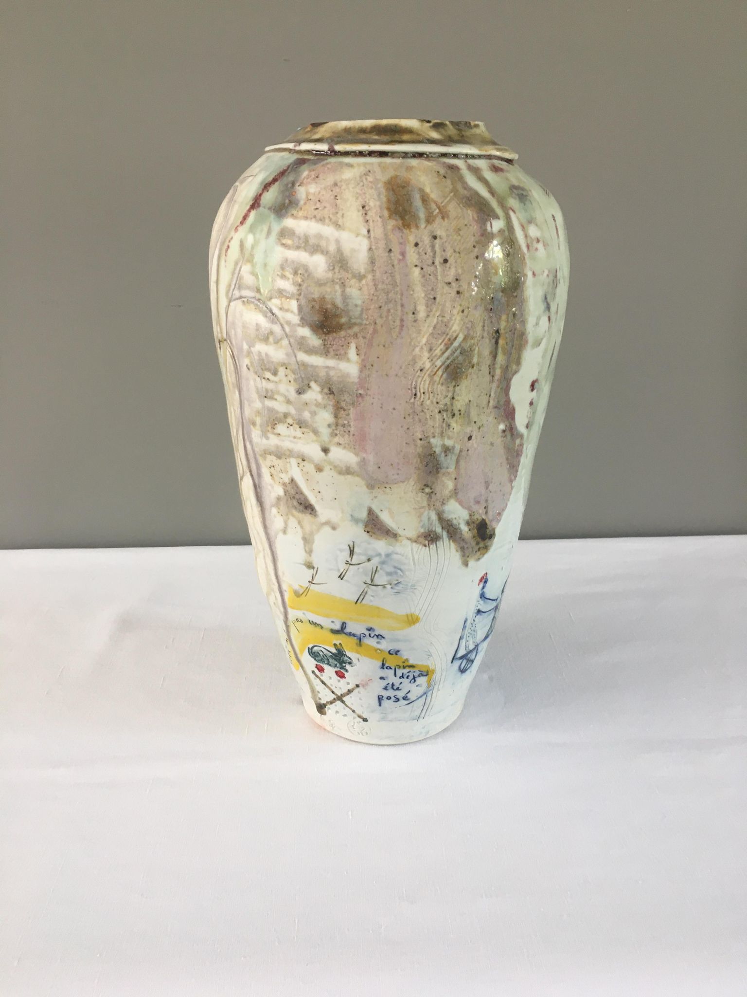 Thierry Basile vase in enamelled sandstone with abstract decoration