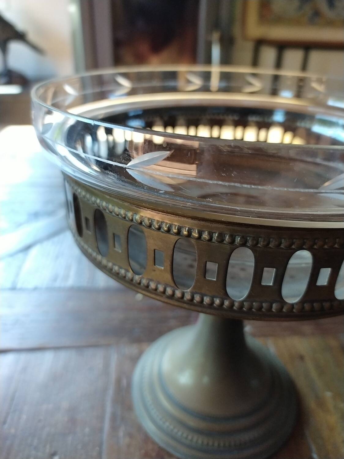 Copper and glass fruit bowl or compote dish Art Deco