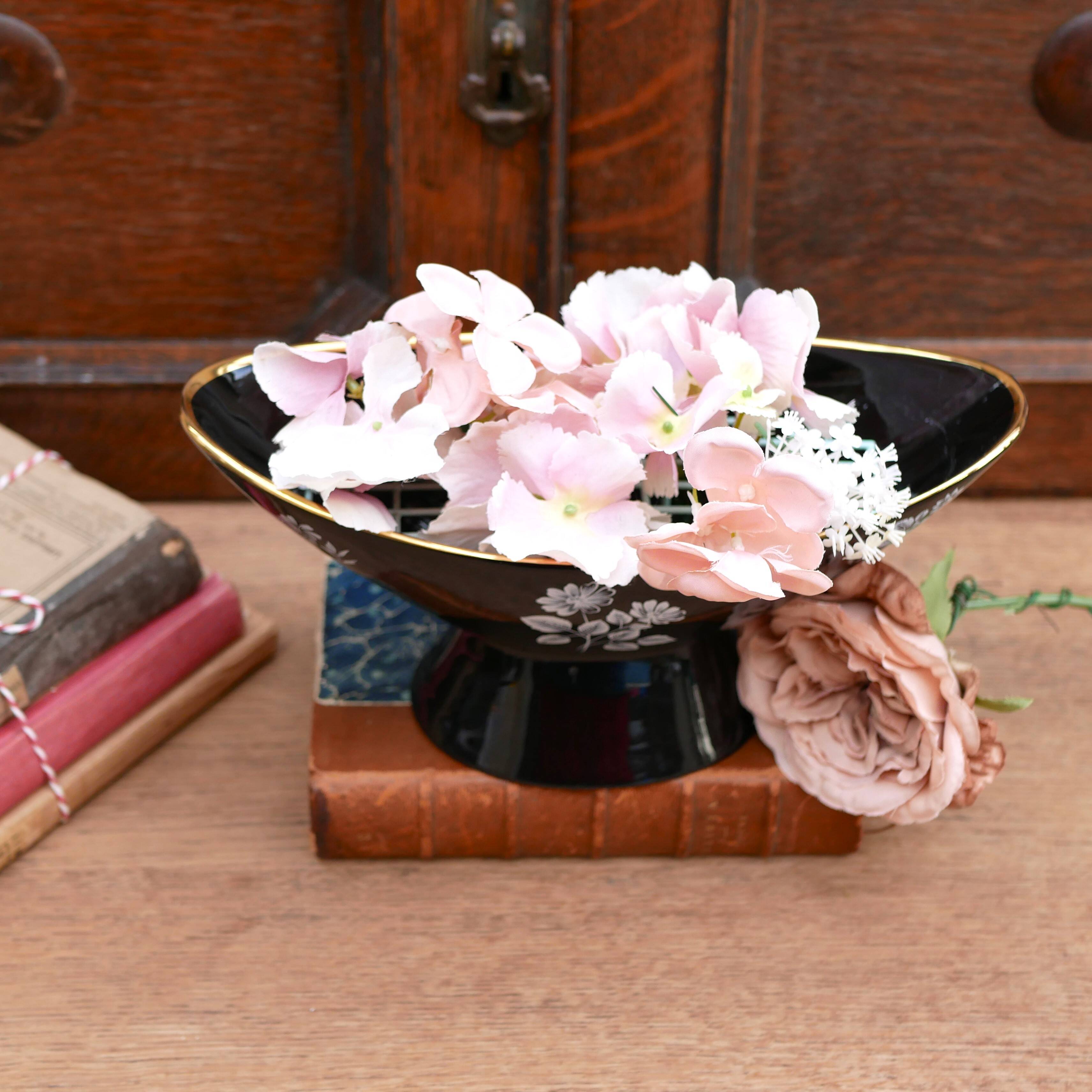 Vintage Wade Black boat vase with floral pattern and metal stand