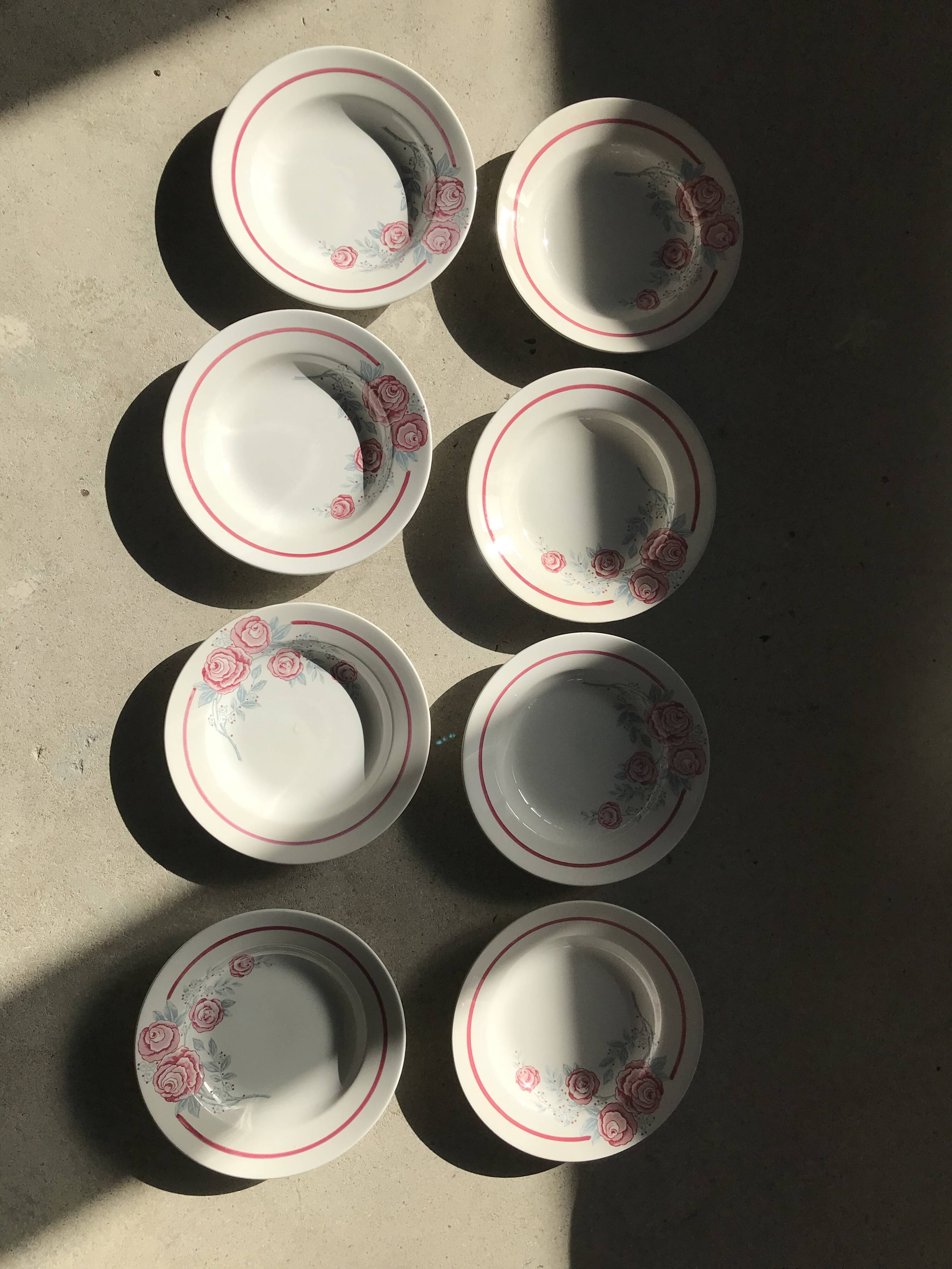 8 vintage Avranches earthenware plates decorated with roses