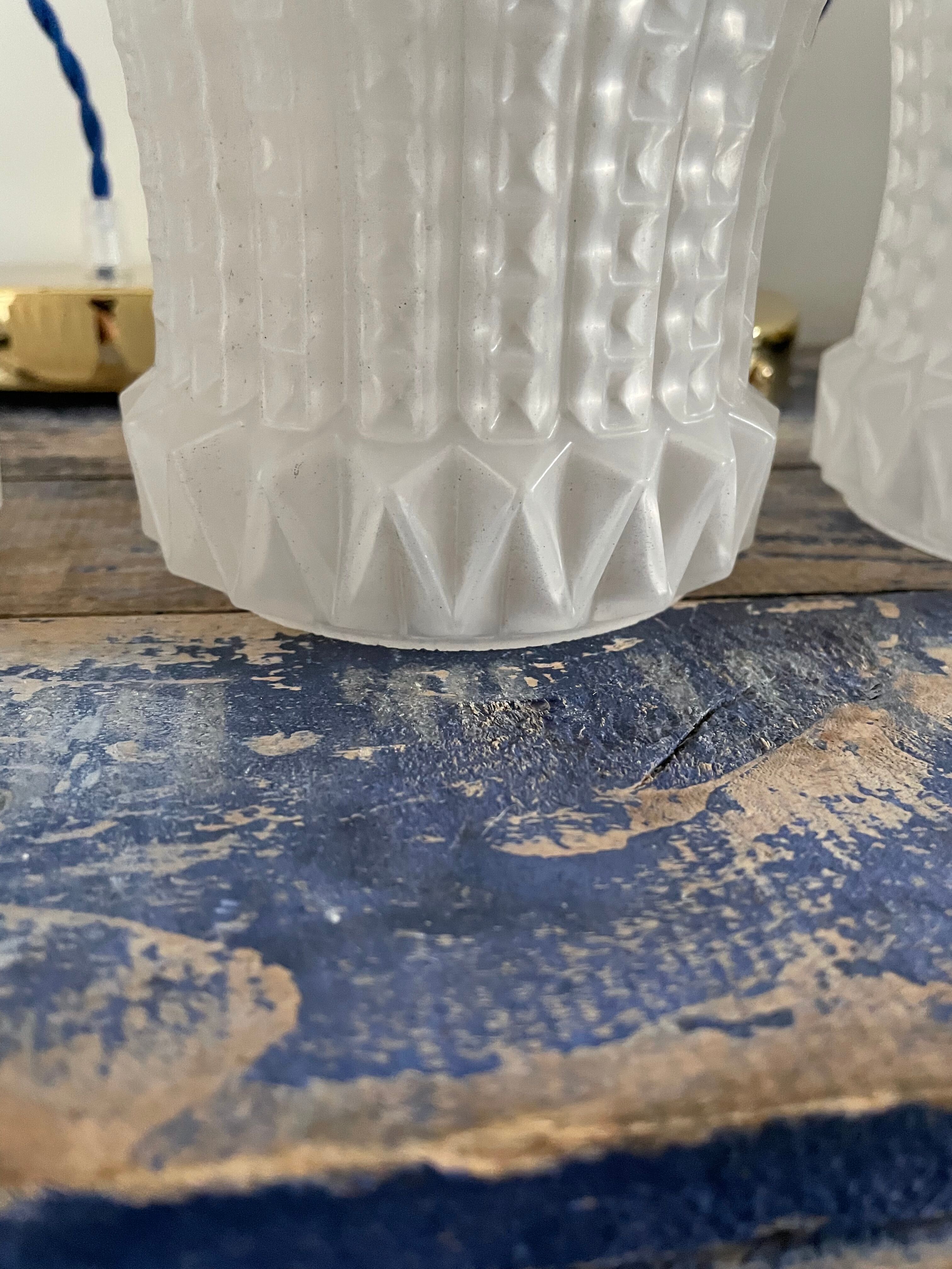 Set of three vintage electrified white glass pendant lamps with new