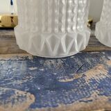 Set of three vintage electrified white glass pendant lamps with new