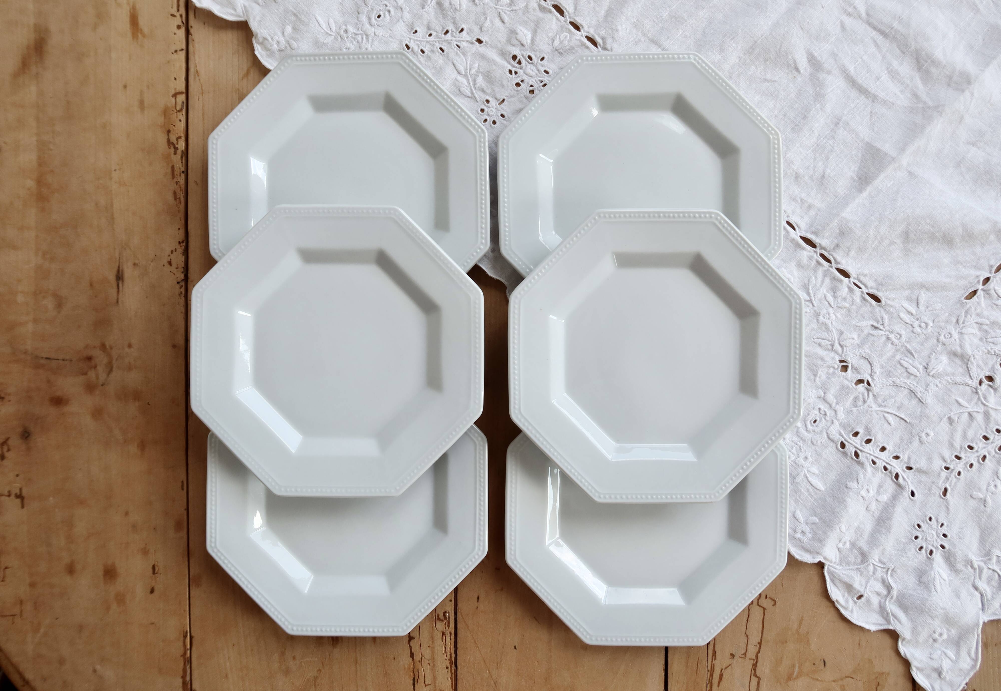 6 vintage octagonal pearl-edged porcelain dessert plates