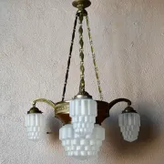 Art Deco lustre in brass and frosted pressed glass from the 1930s.