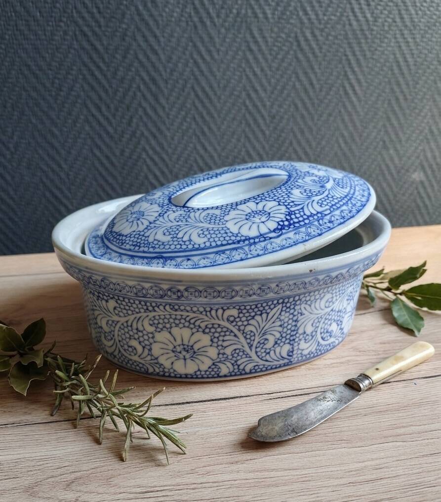 Oval Vintage Terrine in Blue and White Porcelain, Casserole with Lid