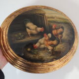 Painted medallion panel and varnish decoration hens, roosters signed G.Roy