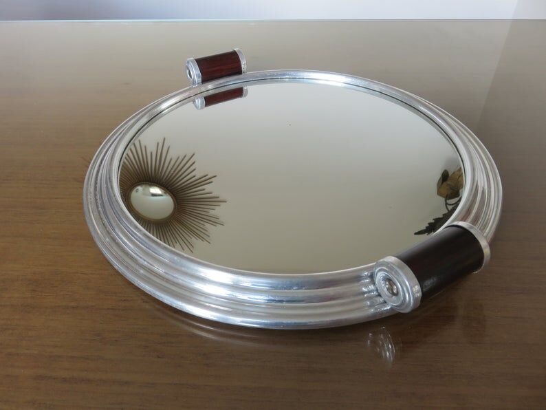 Round aluminum mirror top with wooden handles 40s 50s