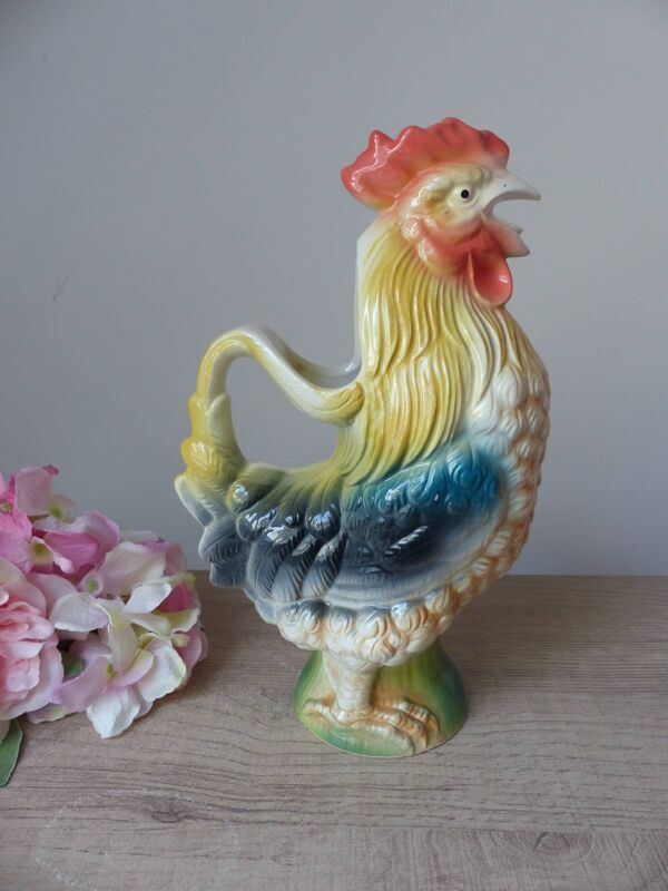 Pichet en barbotine coq vintage – couleurs douces jaune et bleu, vintage