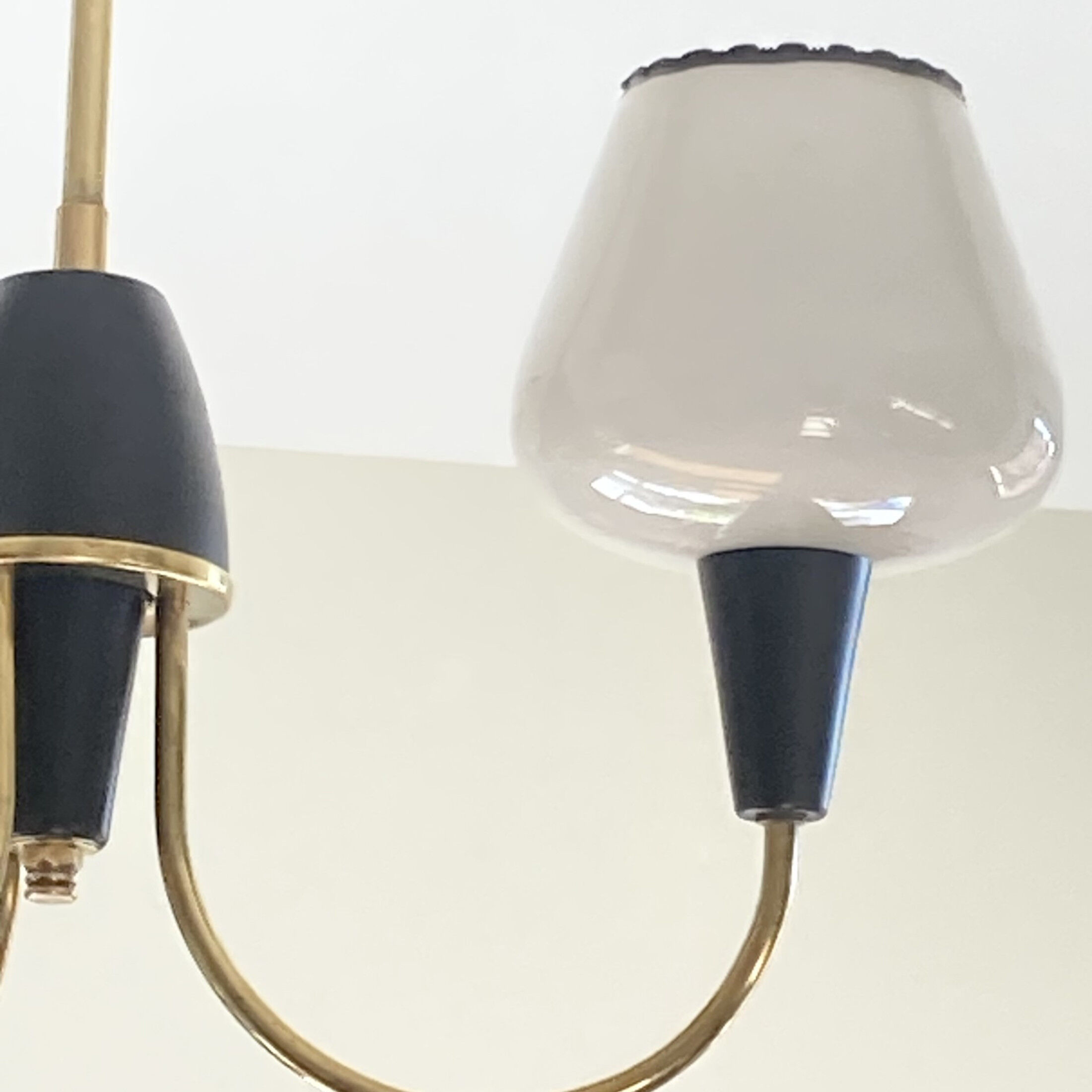 Brass chandelier and black metal tulips in white opaline glass 1950 1960 vintage suspension