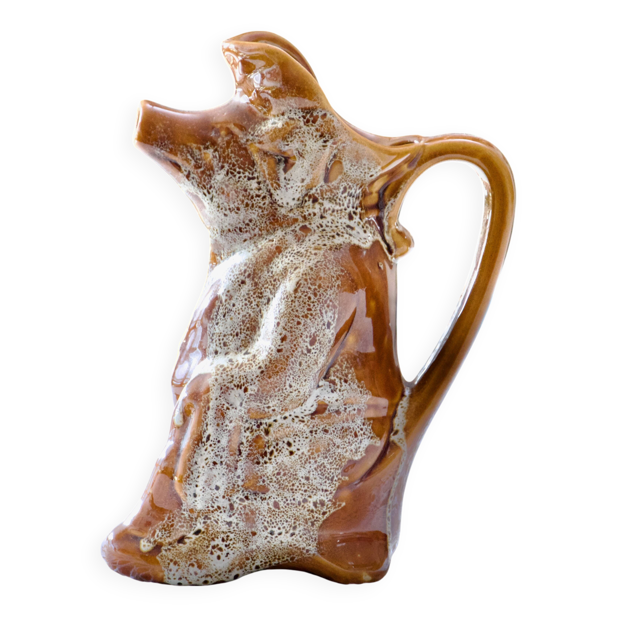 Antique zoomorphic pig carafe in foam-enameled stoneware