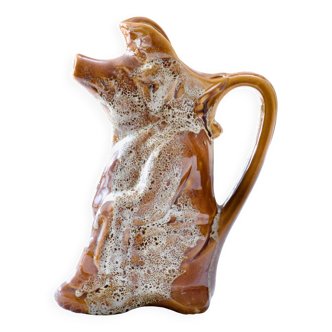 Antique zoomorphic pig carafe in foam-enameled stoneware
