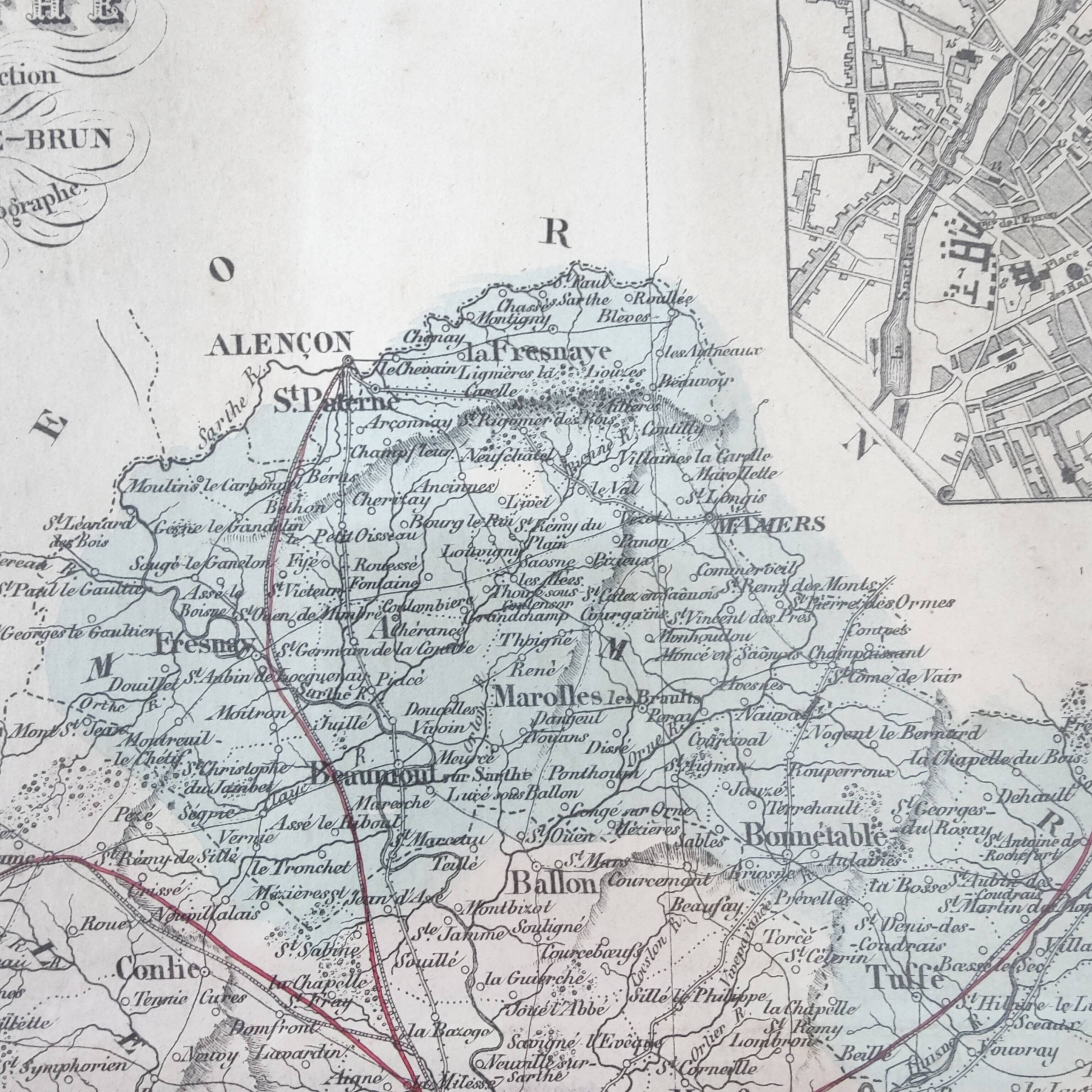 Engraved map of Sarthe wooden frame old plan of Le Mans