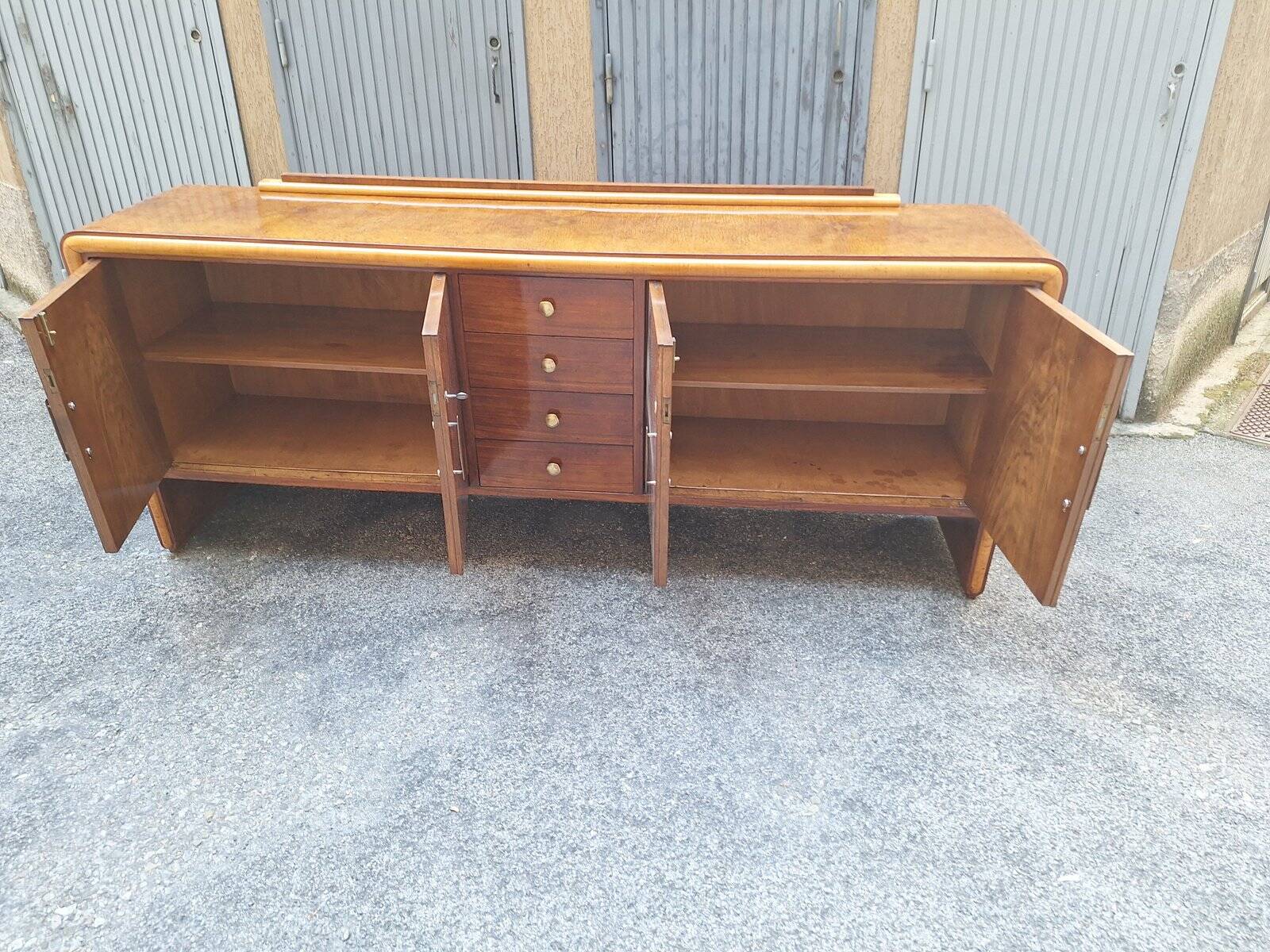 Vintage Sideboard in in Walnut Root and Maple Wood with Brass Details, 1940s