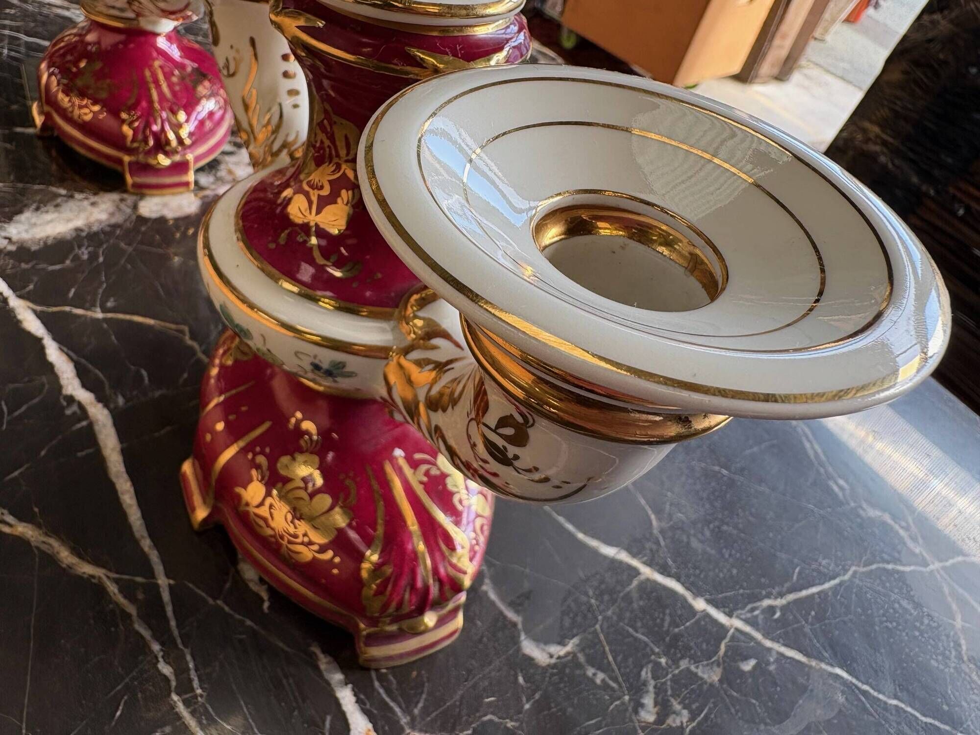 Pair of Limoges porcelain candlesticks with hand-decorated decoration – red and gold
