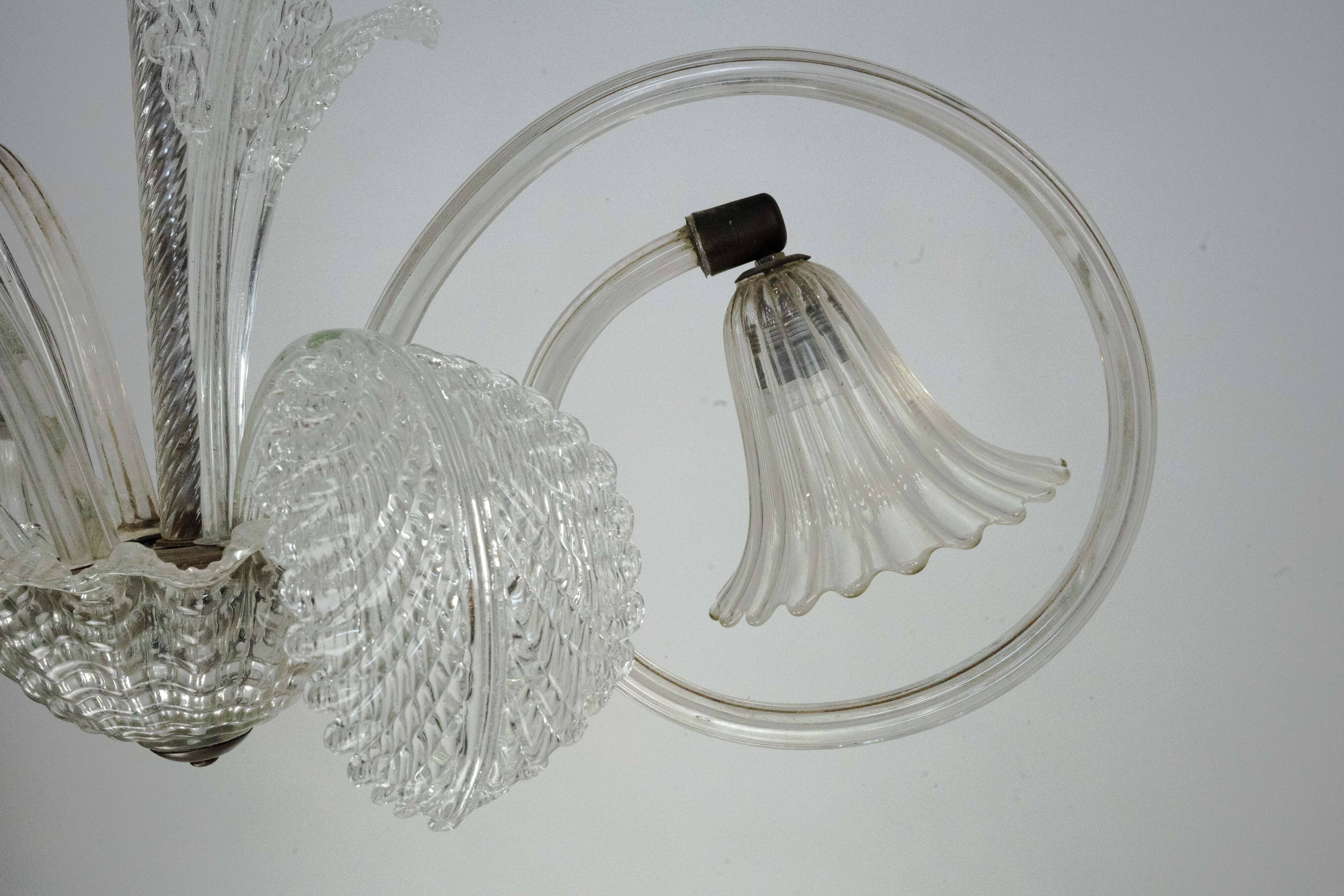 Art Deco Murano Glass Three-Arm Chandelier, Italy, 1940s