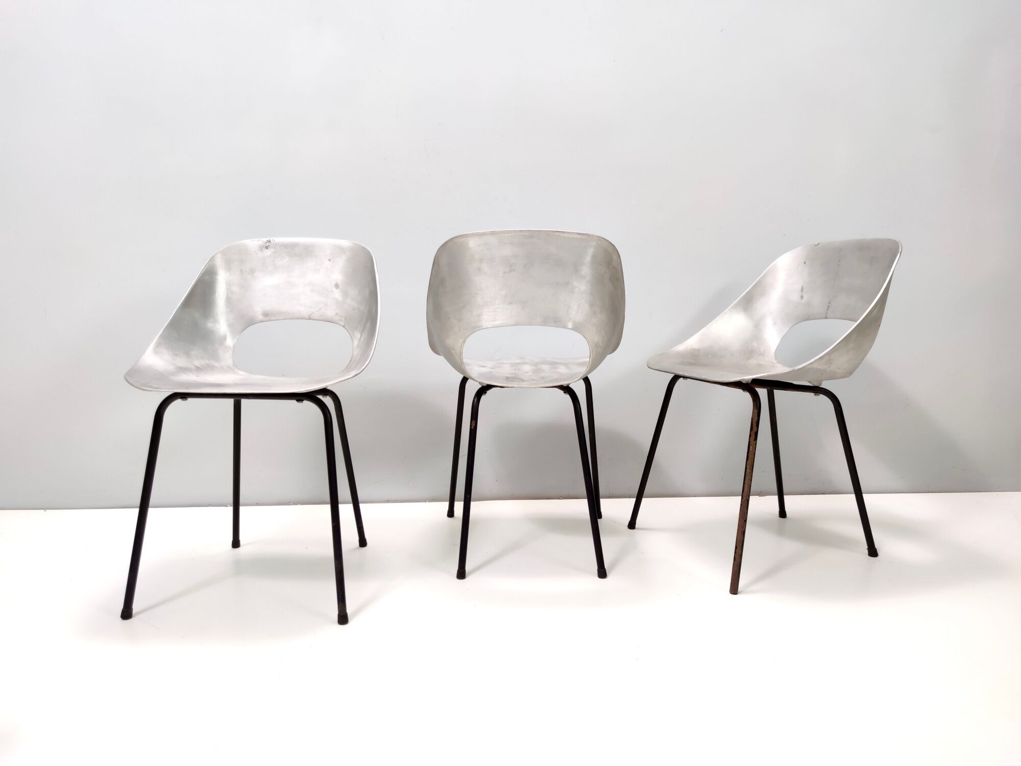 Set of Three Aluminum "Tulipe" Tonneu Chairs by Pierre Guariche, France