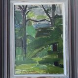 Vintage Modernists Landscape Oil on Canvas signed by F.H. 1950s