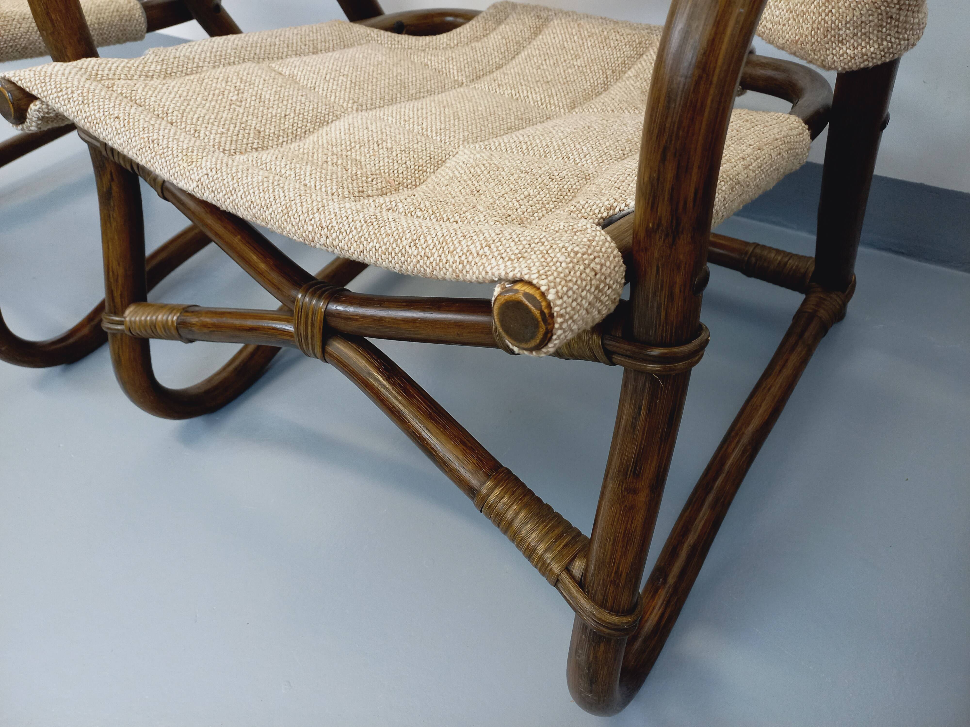 Set of 3 vintage Danish safari-style armchairs from Horsnæs Møbelfabrik in rattan and fabric from the 1980s.