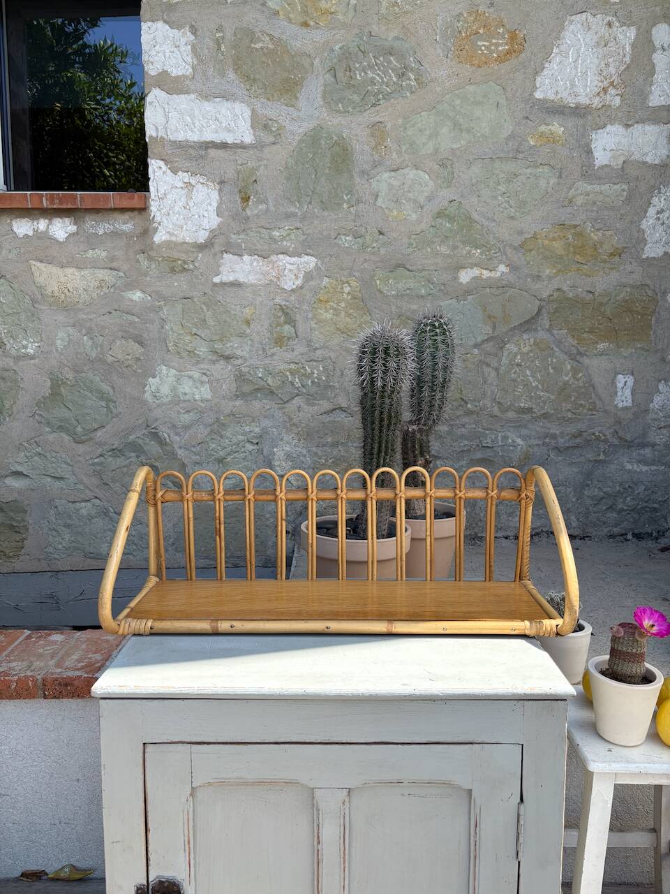 Superb and rare vintage rattan shelf.