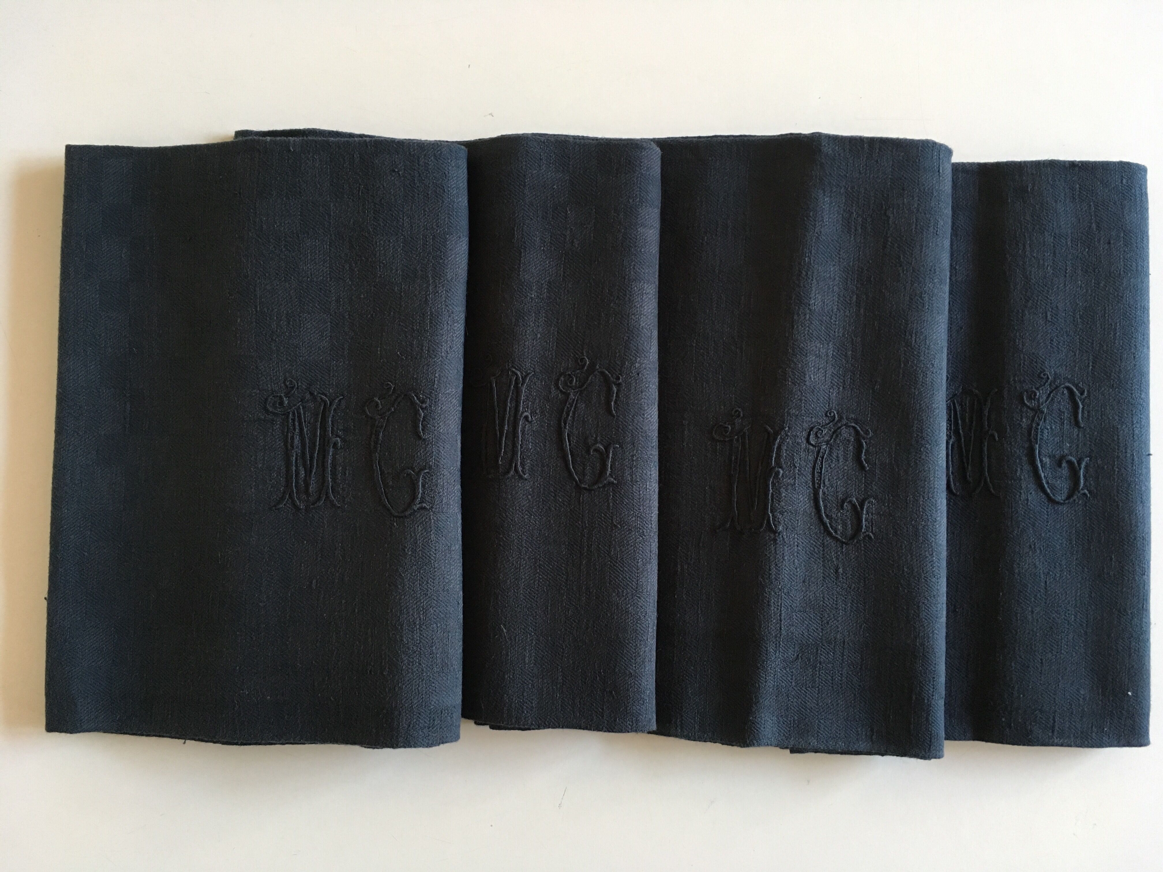 Set of 4 old black damask towels embroidered monogram MC, circa 1920