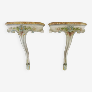 Pair of Louis XV style wall consoles from Maison Jean Mocque in Paris in lacquered polychrome wood
