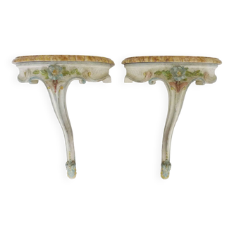 Pair of Louis XV style wall consoles from Maison Jean Mocque in Paris in lacquered polychrome wood