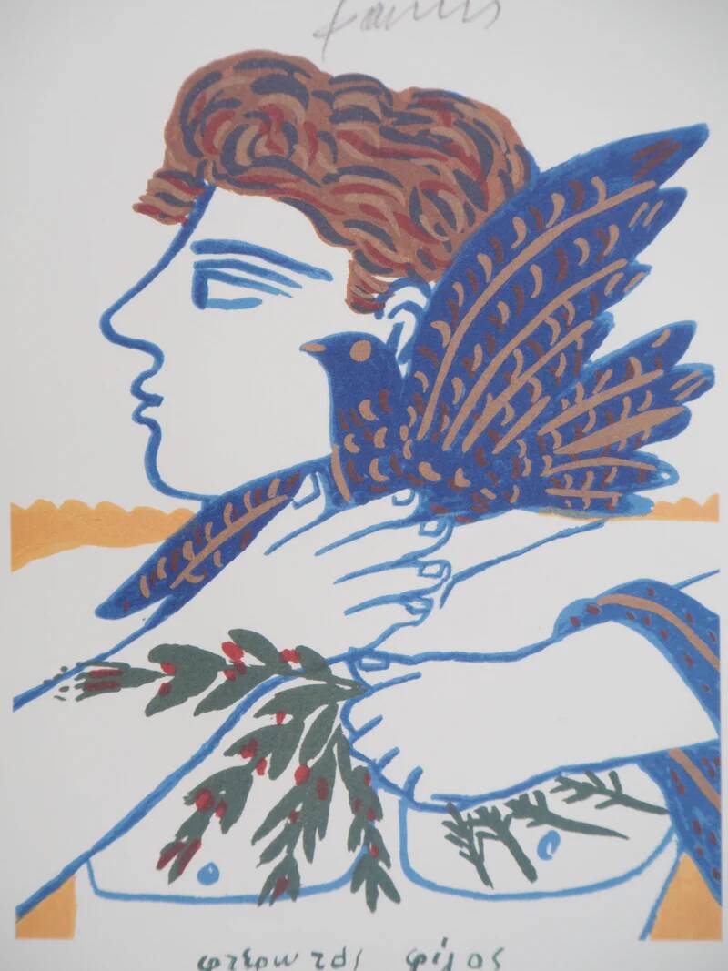 Alekos FASSIANOS: Olympic Games, Athlete with branches and dove, Signed lithograph