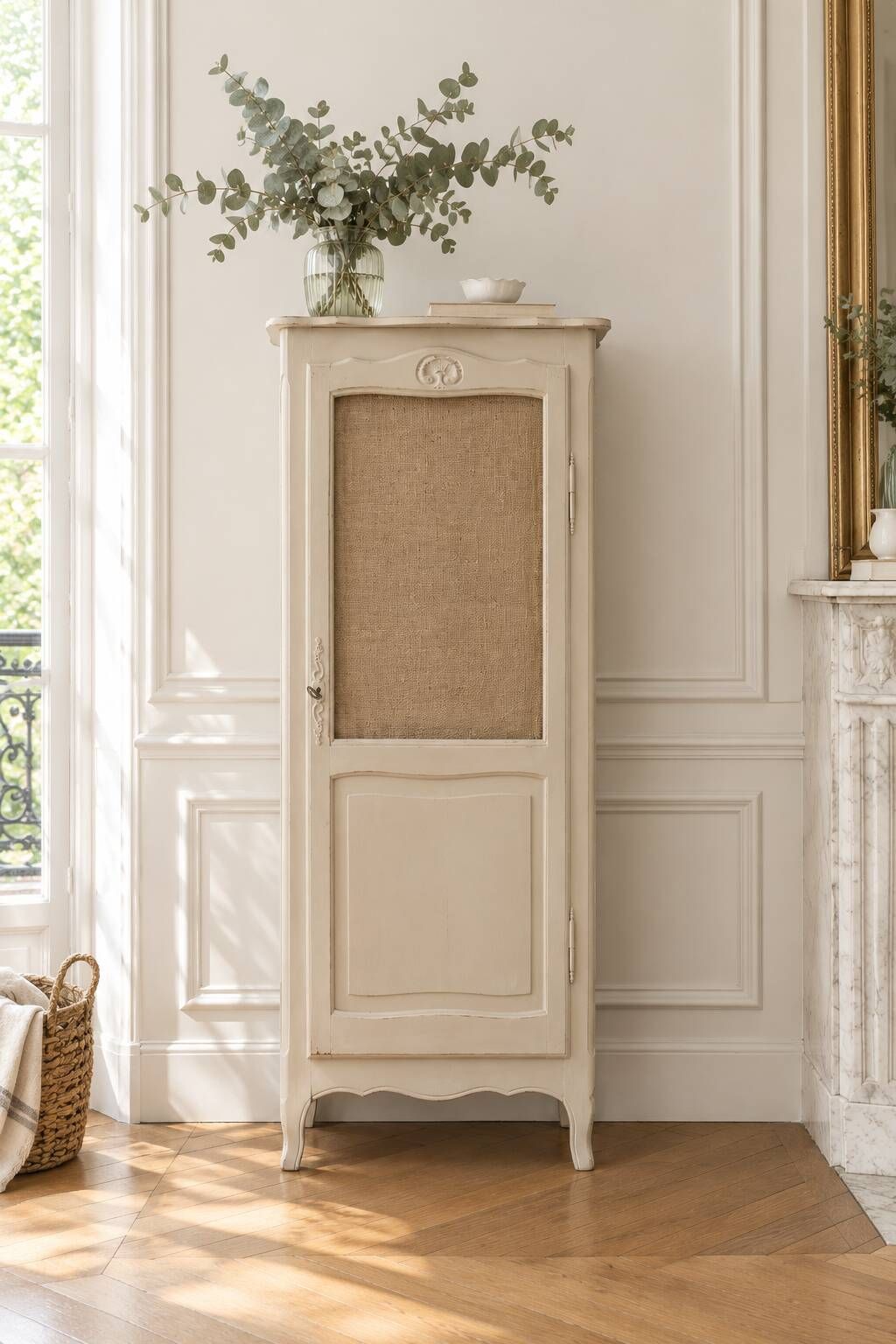 Vintage beige wardrobe made of wood and jute fabric.